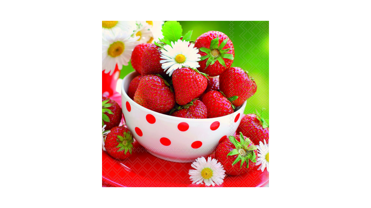 Zelltuch-Serviette, 25x25cm, 3-lag 1/4-Falz, 'Strawberries In Bowl'