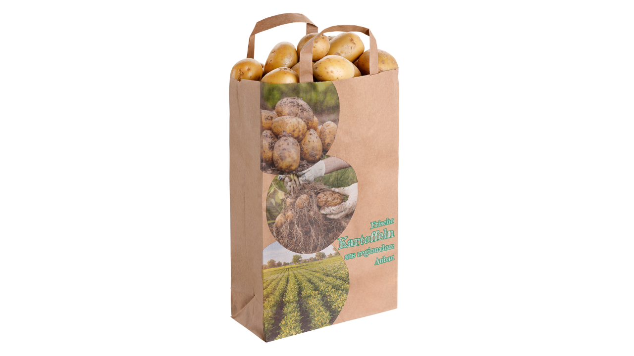 Papier-Tragetasche 'Frische Kartoffeln' 22+11x31cm, Flachhenkel, 90g/qm, braun