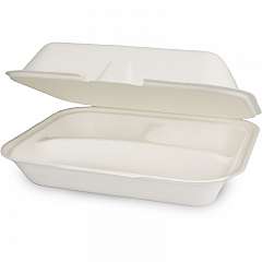 Menübox, mit Klappdeckel, 3-geteilt aus Bagasse, 24x20x8cm, weiß