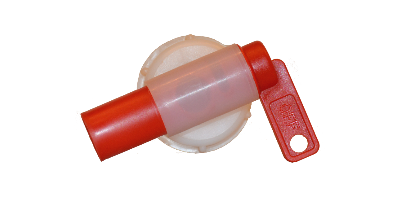 Auslaufhahn Scheck, f&uuml;r 5 Liter &amp; 10 Lit Kanister, rot/transparent,