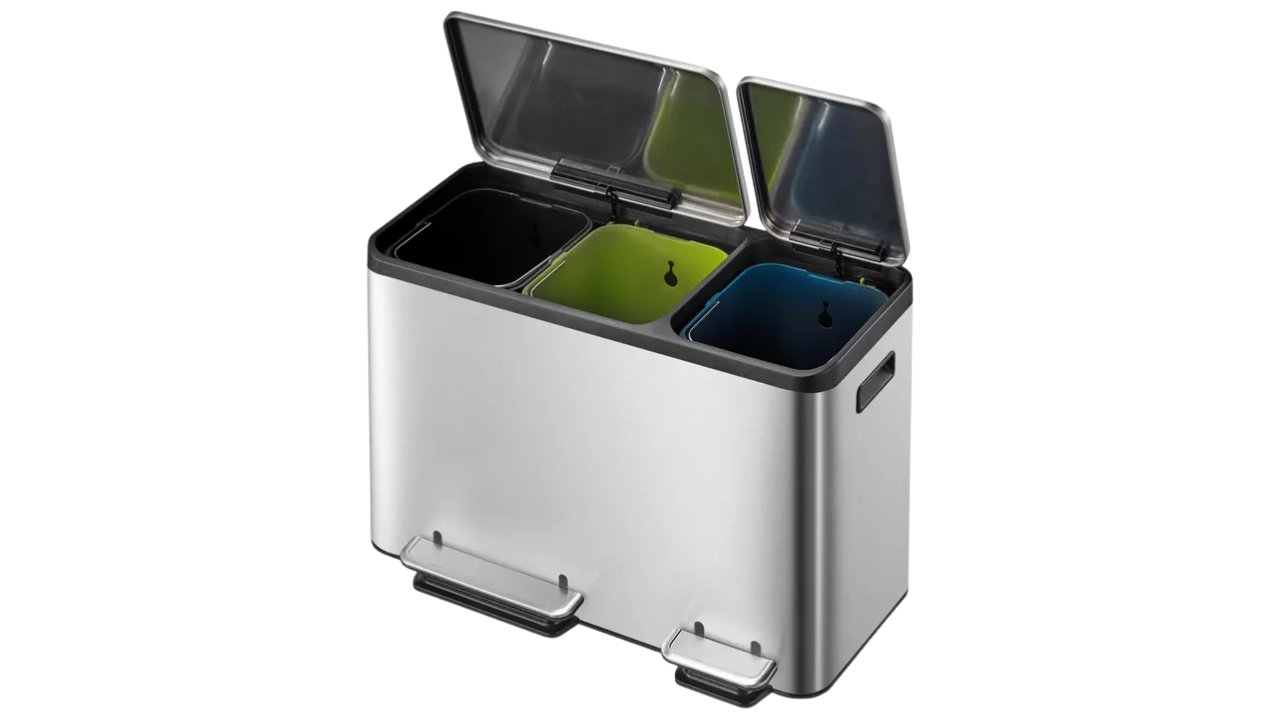 Tretabfalleimer EcoCasa 3x15 Liter, gebürstet matt Edelstahl