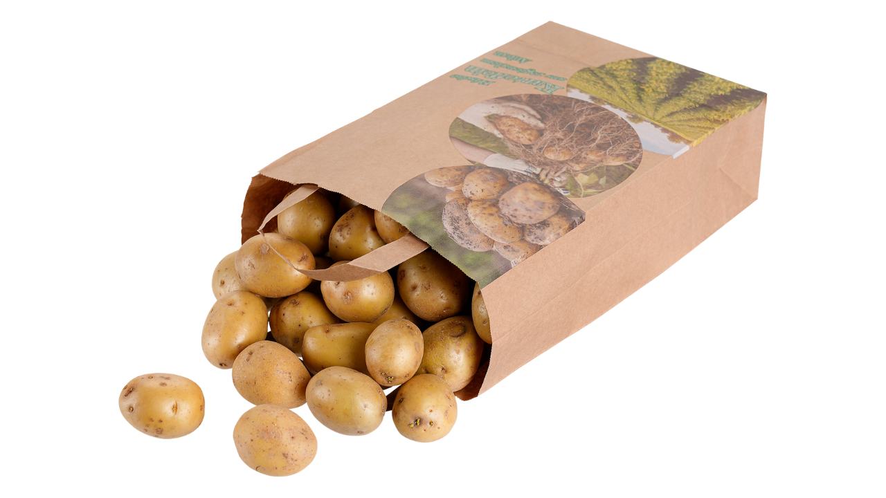 Papier-Tragetasche 'Frische Kartoffeln' 22+10x36cm, Flachhenkel, 90g/qm, braun