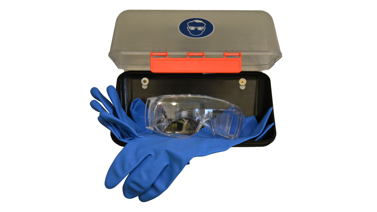 Sicherheitsset ¨SecuBox¨, mit Schutzbril 3M &amp; Nitril-Handschuh, blau/transparent