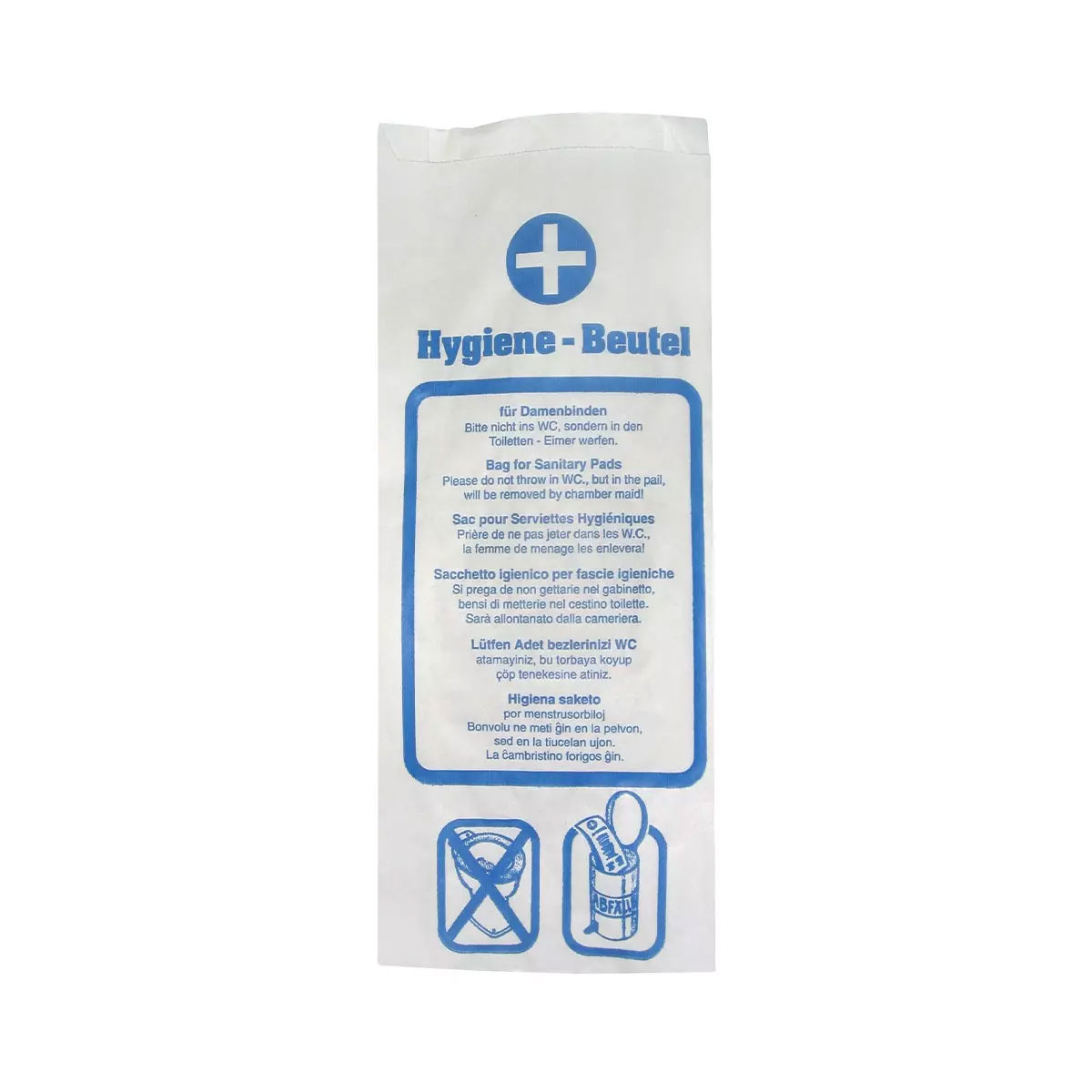 Papierhygienebeutel, 35g/m² Kraftpapier mit Aufdruck, 12+5x29cm, blau/weiß