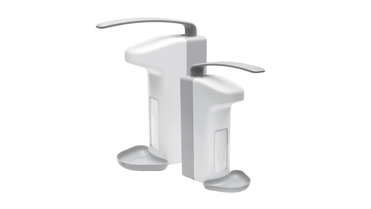 Armhebel-Wandspender, Kunststoff, mit Auffangschale, 1000ml, grau/weiß