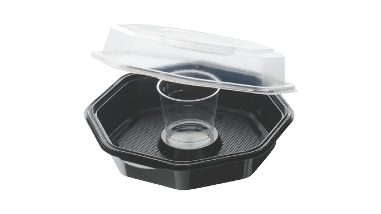 Duni-Meal Octaviewschale, Polystyrol, m. Deckel, u. Dressing. 950ml/90ml, schwarz