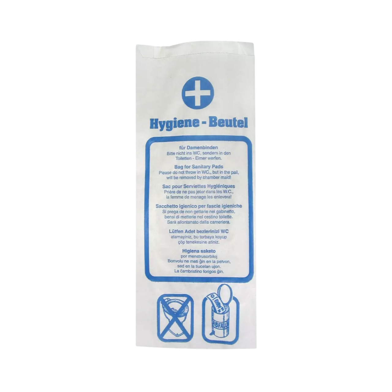 Papierhygienebeutel, 35g/m&sup2; Kraftpapier mit Aufdruck, 12+5x29cm, blau/wei&szlig;