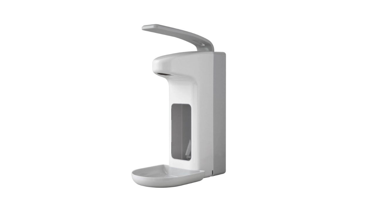 Armhebel-Wandspender, Kunststoff, mit Auffangschale, 500ml, grau/wei&szlig;